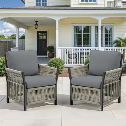 Outdoor patio arm chairs set of 2 by HouseOfZazla with gray cushions and woven rattan frames on Tampa Home & Garden Store