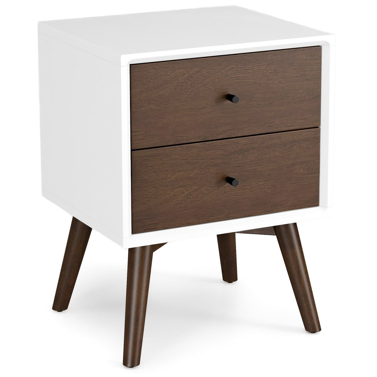 Mid-Century night stand with 2 drawers, white frame and dark brown fronts, black knobs on Tampa Home & Garden Store