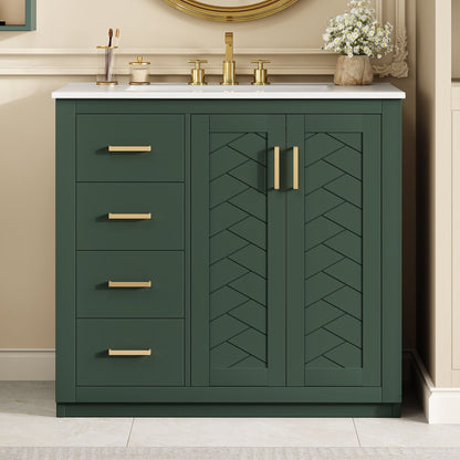 Bathroom Vanity With Sink Combo by HouseOfZazla, green cabinet, white top, gold hardware on Tampa Home & Garden Store