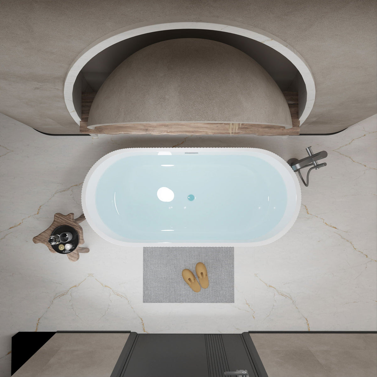 Modern double-wall freestanding soaker tub in gray concrete with wood base on Tampa Home & Garden Store