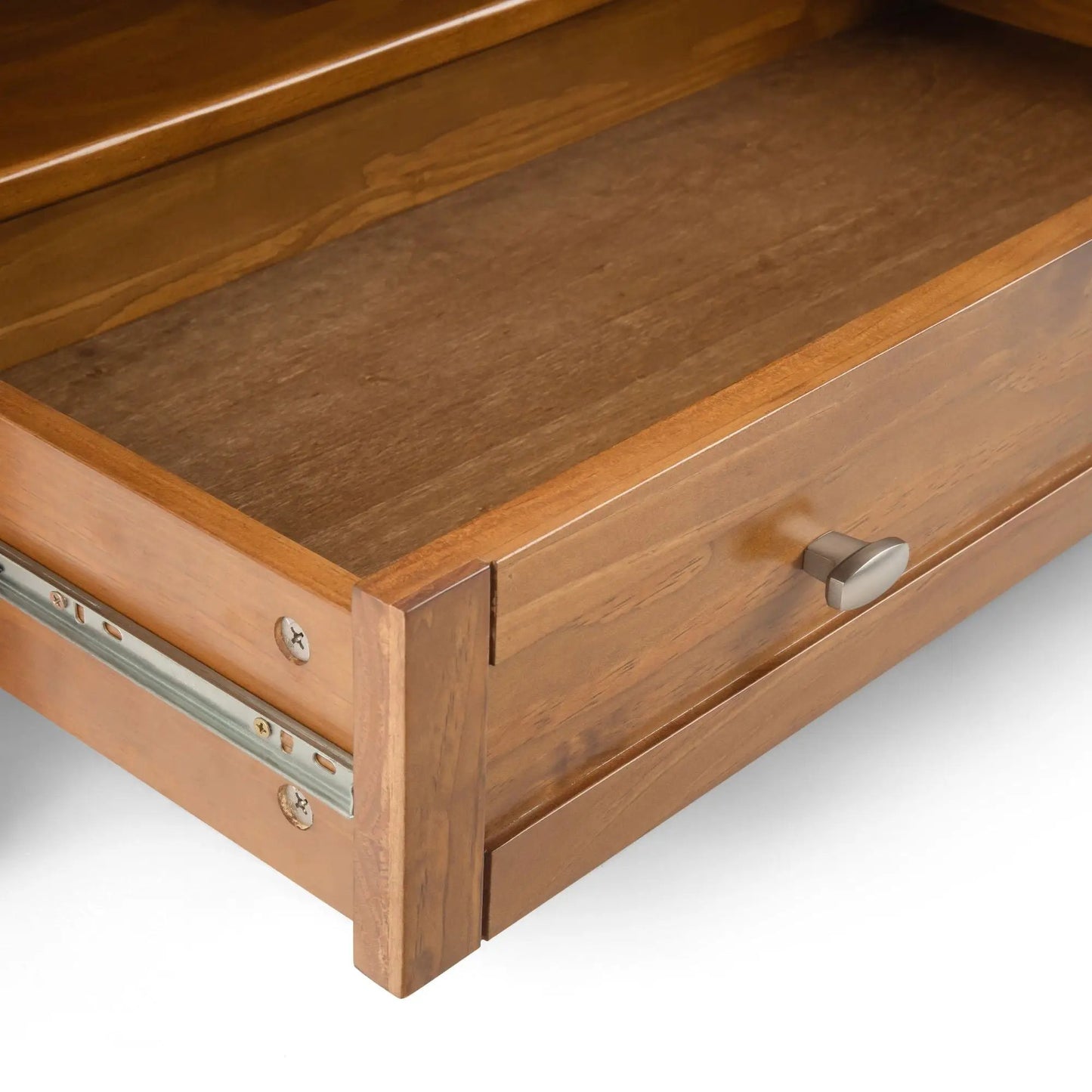 Warm Shaker coffee table interior with woodgrain drawer frame and metal slides on Tampa Home & Garden Store