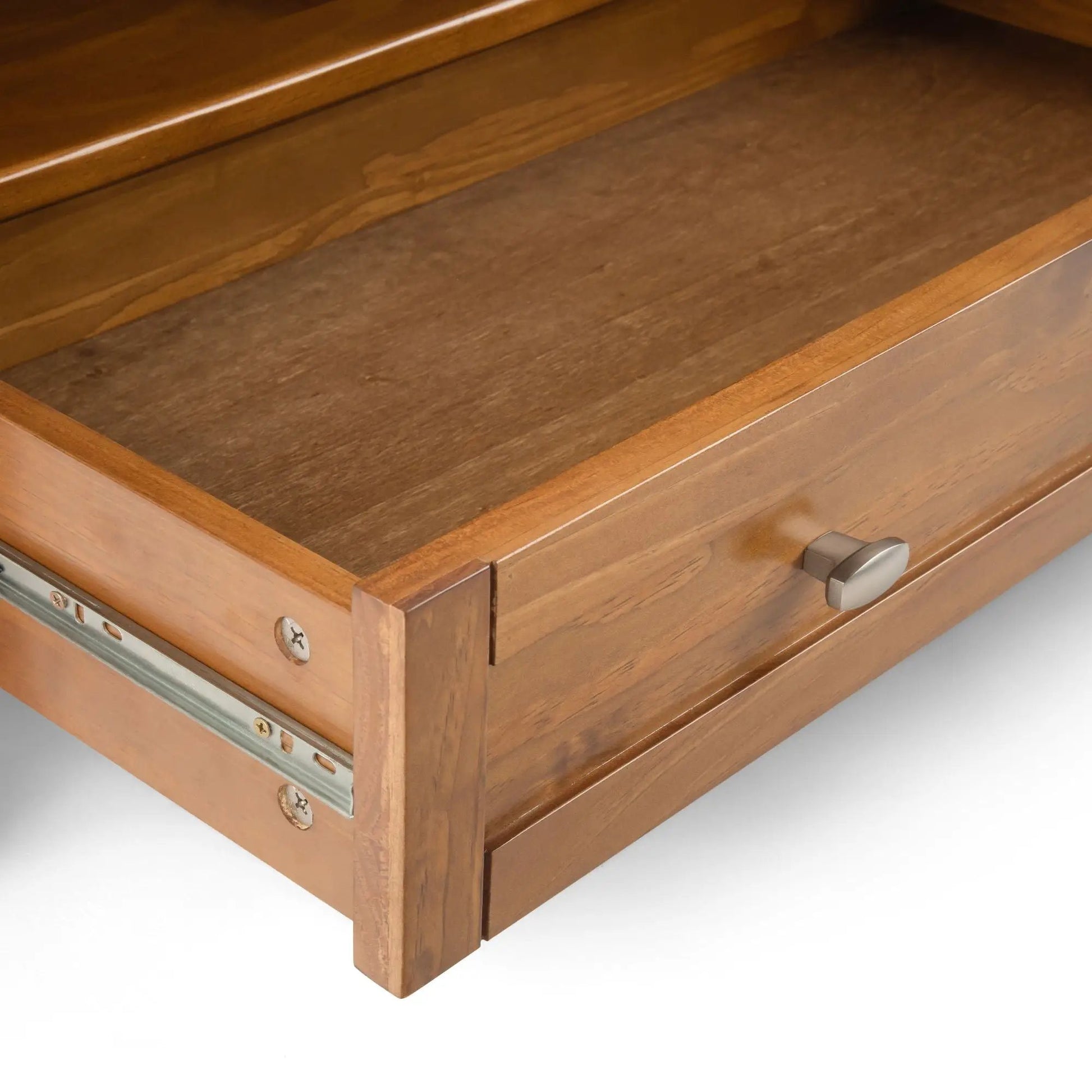 Warm Shaker coffee table interior with woodgrain drawer frame and metal slides on Tampa Home & Garden Store
