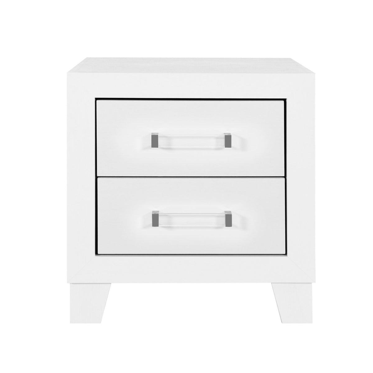 White three-drawer nightstand with modern acrylic hardware and black trim on Tampa Home & Garden Store