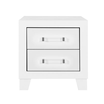 White three-drawer nightstand with modern acrylic hardware and black trim on Tampa Home & Garden Store