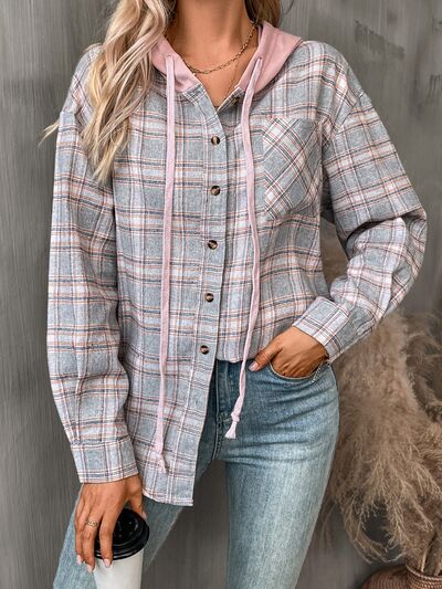 Stevvex gray plaid hooded jacket for women with pink drawstrings, button front, cotton-blend coat on Tampa Home & Garden Store