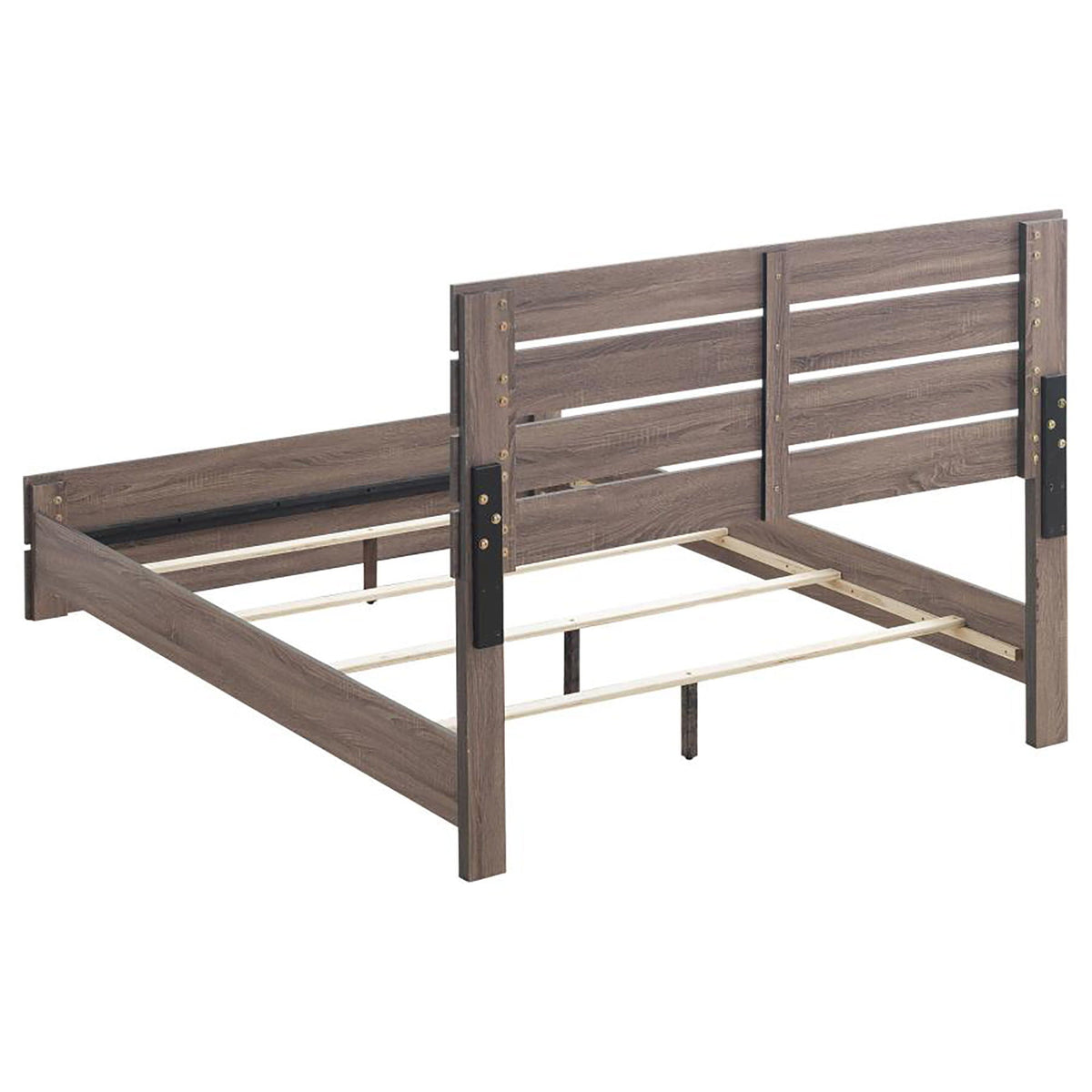 Slatted Headboard Panel Bed by HouseOfZazla in dark brown wood with metal hardware on Tampa Home & Garden Store