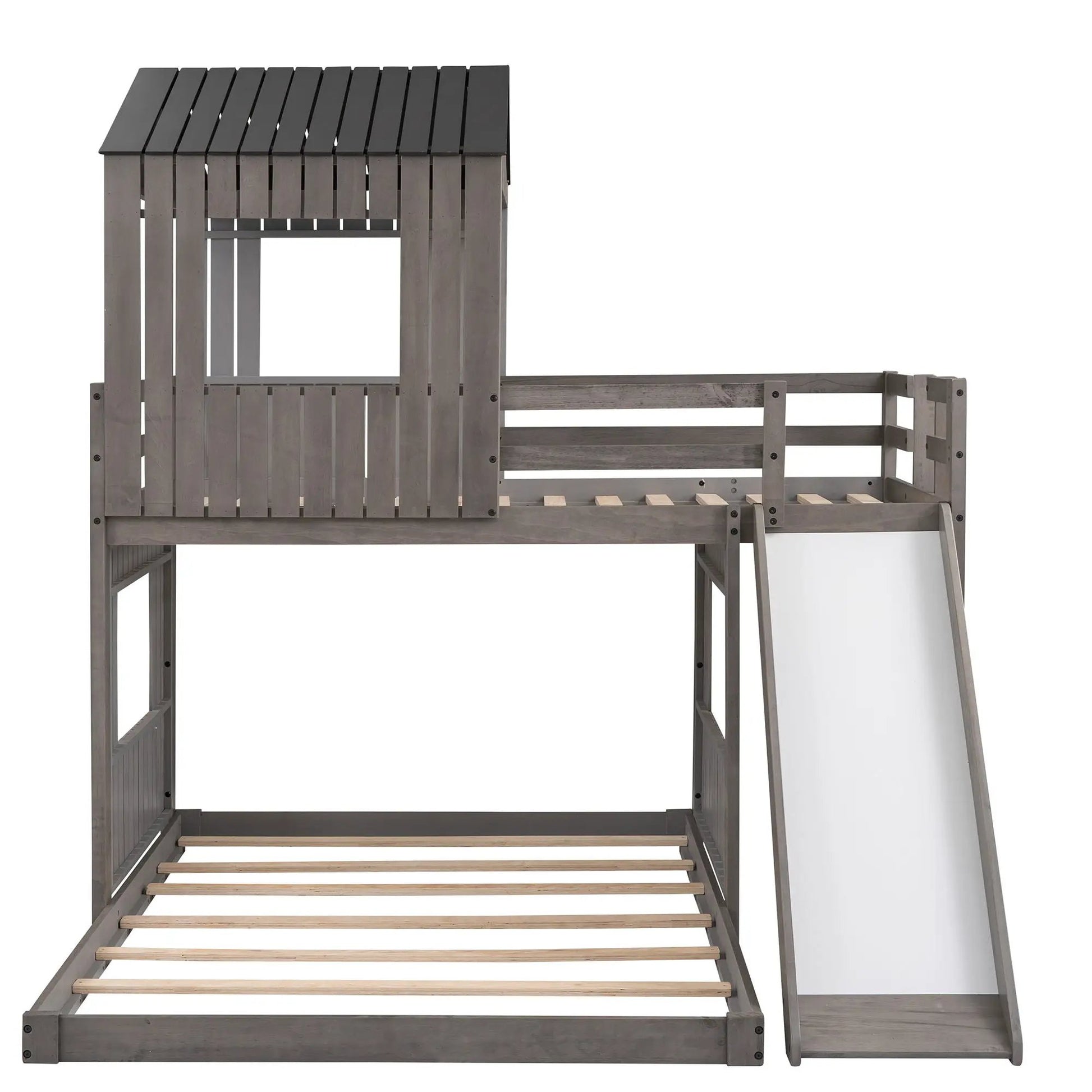 Loft bunk bed with playhouse, farmhouse gray wood, ladder and guardrails on Tampa Home & Garden Store