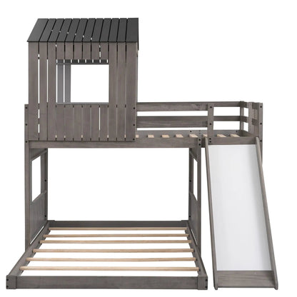 Loft bunk bed with playhouse, farmhouse gray wood, ladder and guardrails on Tampa Home & Garden Store