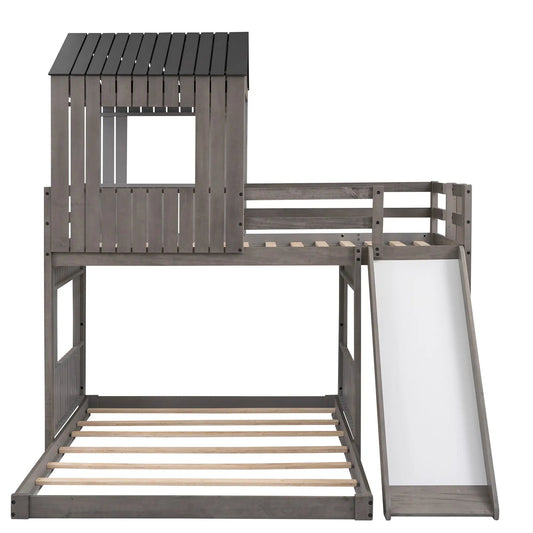 Loft bunk bed with playhouse, farmhouse gray wood, ladder and guardrails on Tampa Home & Garden Store