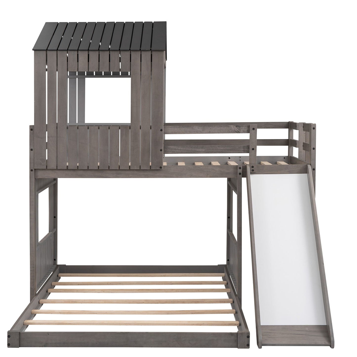 Loft bunk bed with playhouse in graywashed wood, farmhouse style with ladder and guardrails on Tampa Home & Garden Store