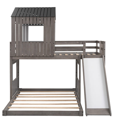 Loft bunk bed with playhouse in graywashed wood, farmhouse style with ladder and guardrails on Tampa Home & Garden Store