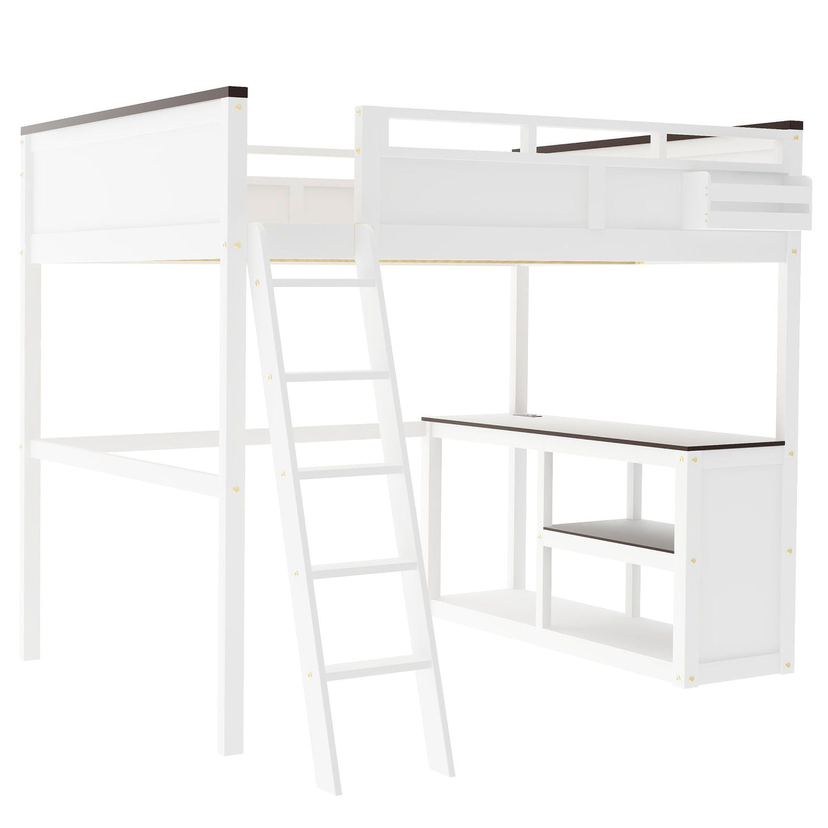 Queen size loft bed with desk in white, open shelf and USB charging by HouseOfZazla on Tampa Home & Garden Store