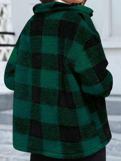 Women's green plaid fuzzy jacket with drop shoulders by Stevvex, cozy casual coat on Tampa Home & Garden Store