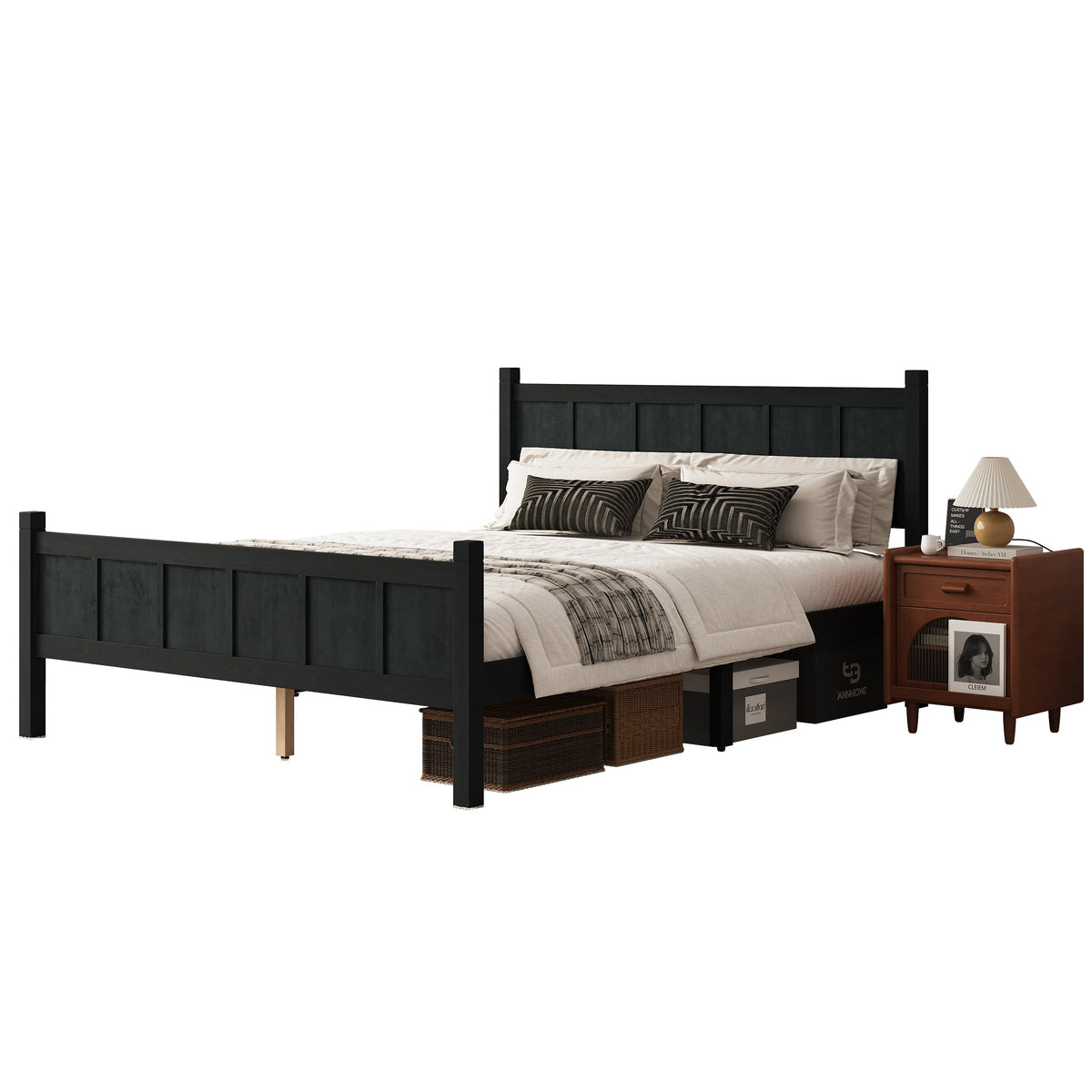 Queen Size Flat Panel Bed with Headboard & Footboard in black upholstered panels HouseOfZazla on Tampa Home & Garden Store