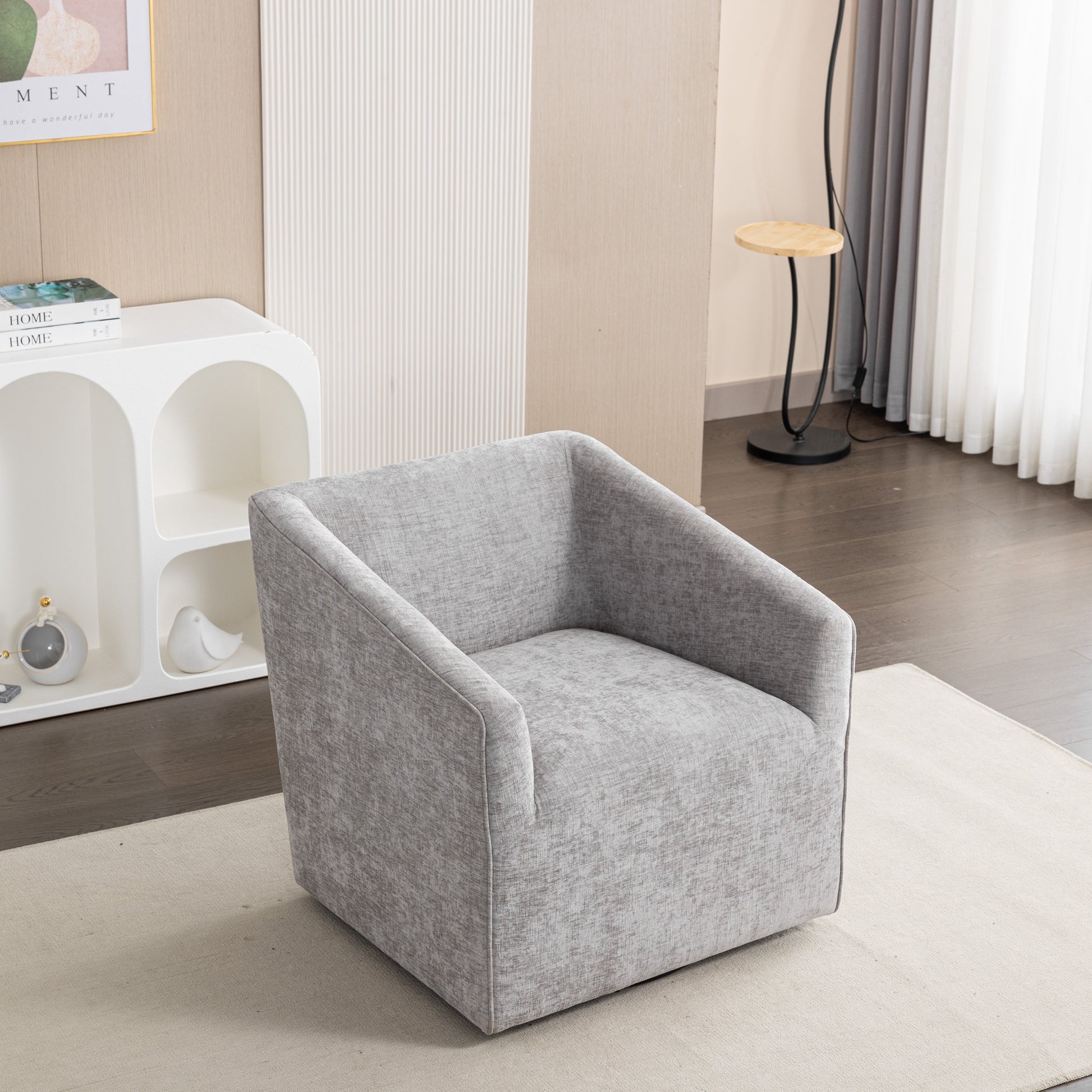 Nice Modern Upholstered Barrel Armchair in gray fabric, 360° swivel by HouseOfZazla Sofas on Tampa Home & Garden Store