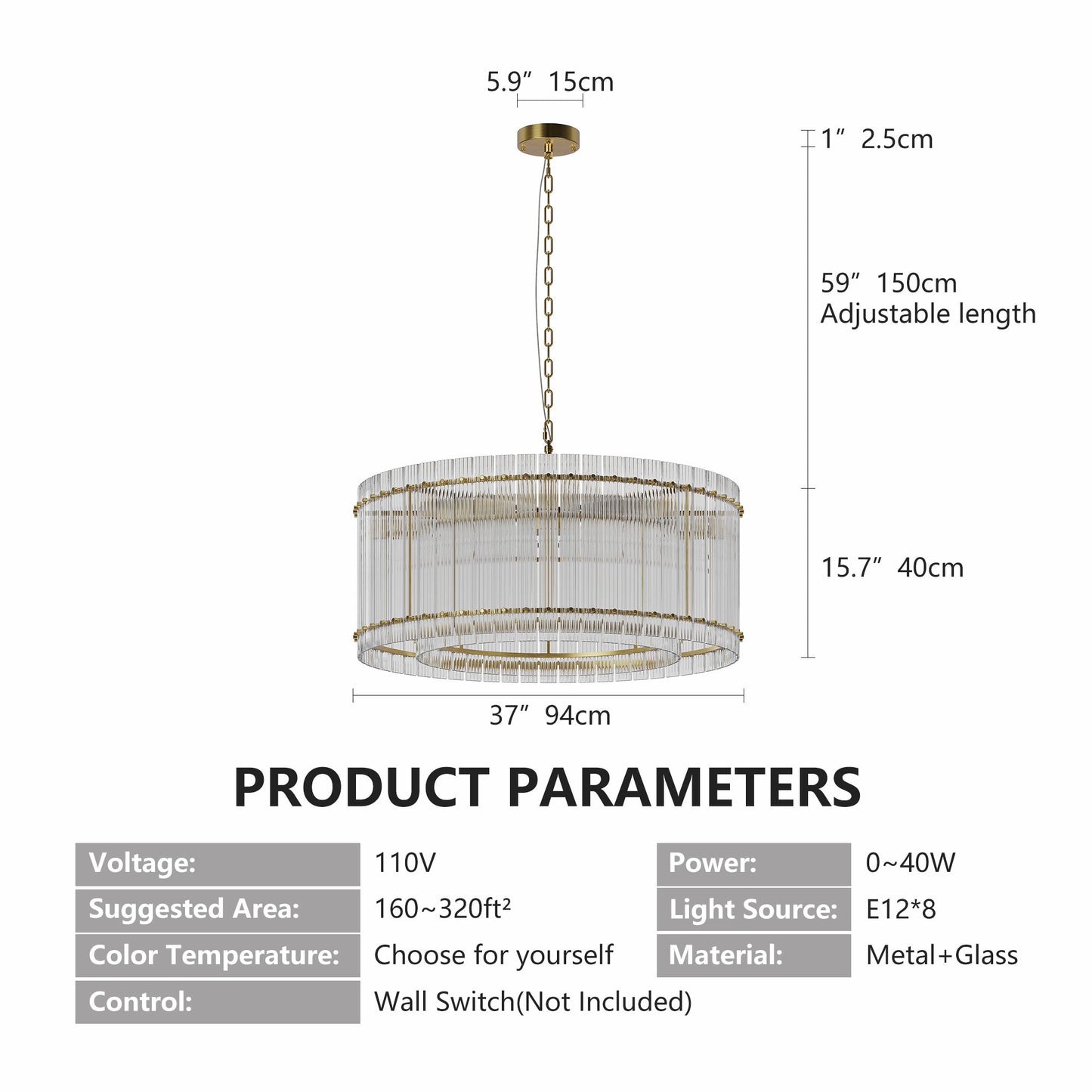 37in Modern Gold Round 8-Light Crystal Chandelier with gold chain and crystal prisms on Tampa Home & Garden Store