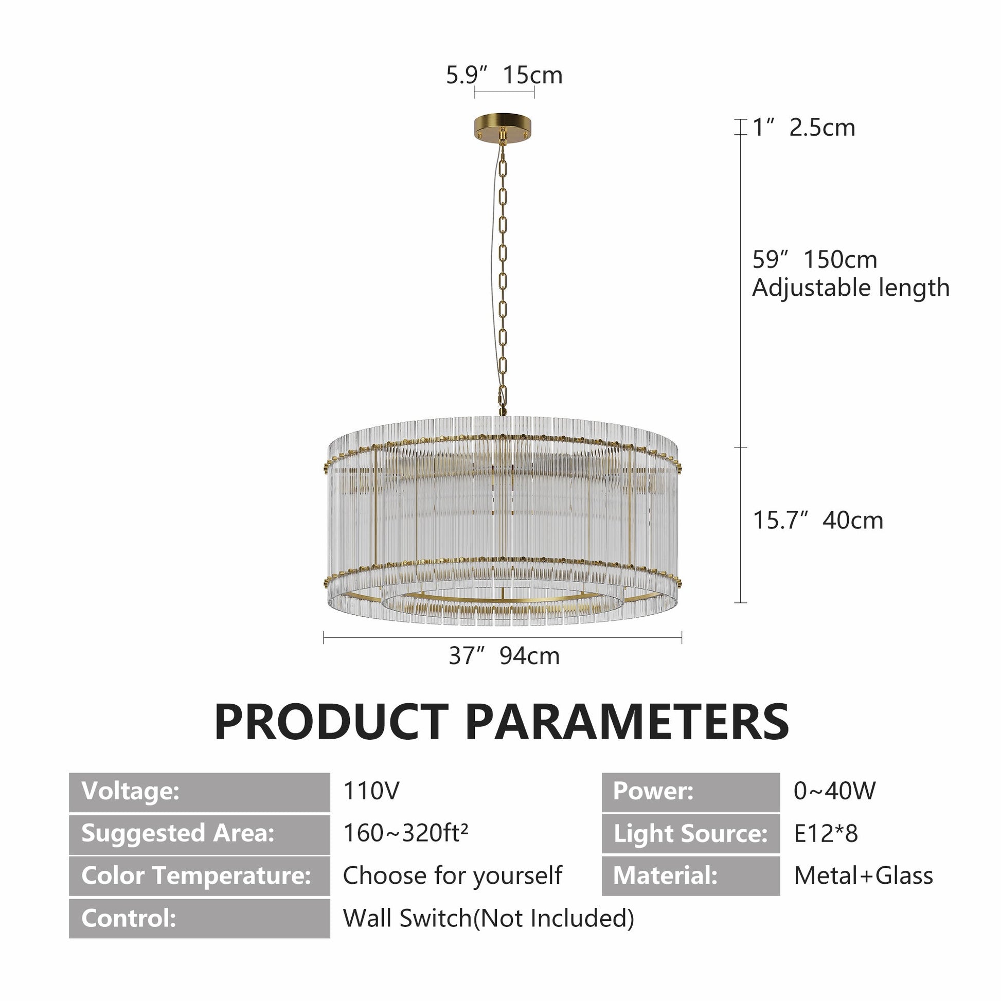 37in Modern Gold Round 8-Light Crystal Chandelier with gold chain and crystal prisms on Tampa Home & Garden Store