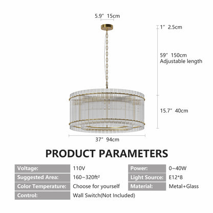 37in Modern Gold Round 8-Light Crystal Chandelier with gold chain and crystal prisms on Tampa Home & Garden Store
