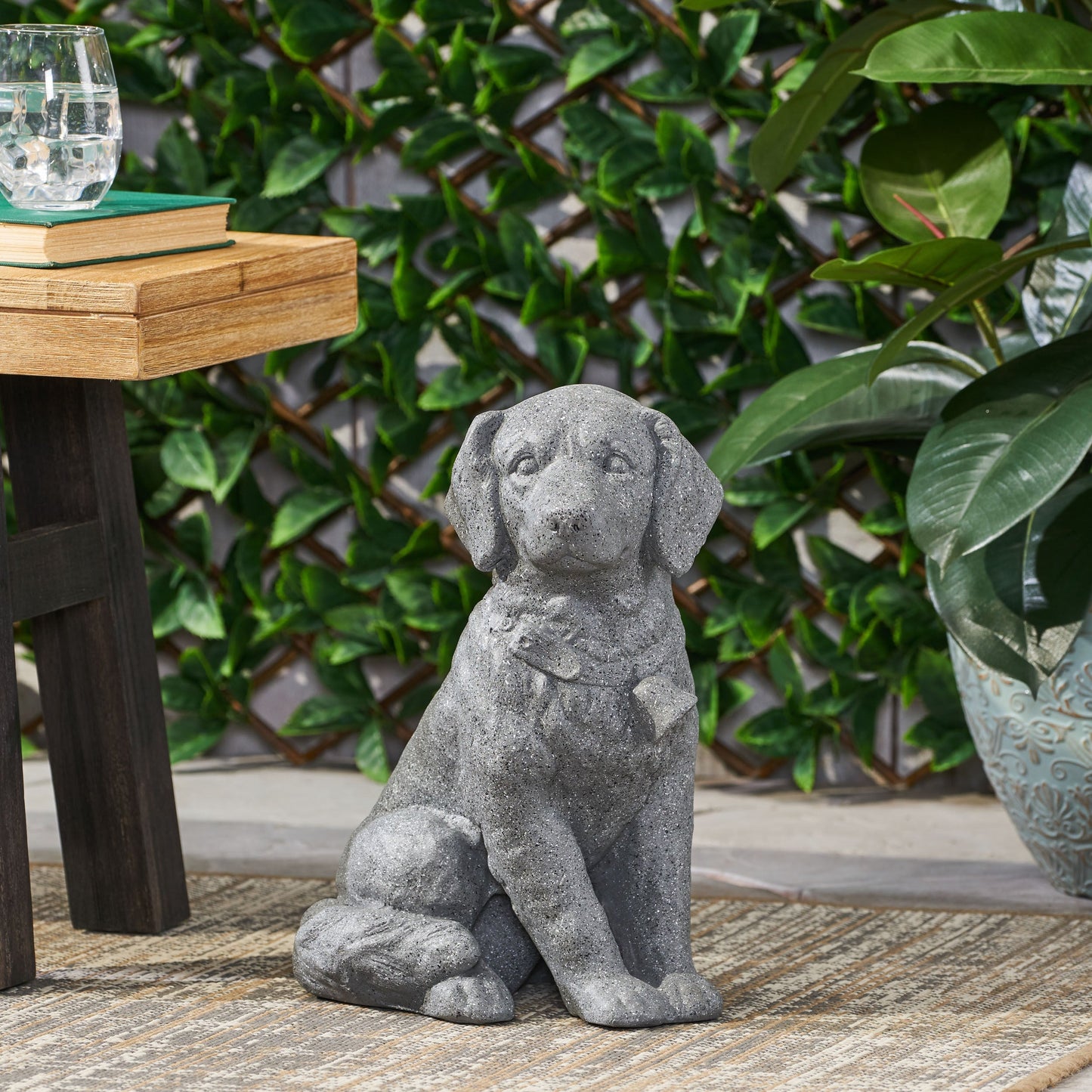 A Gray Mgo Dog Statue in Outdoor Garden Decor