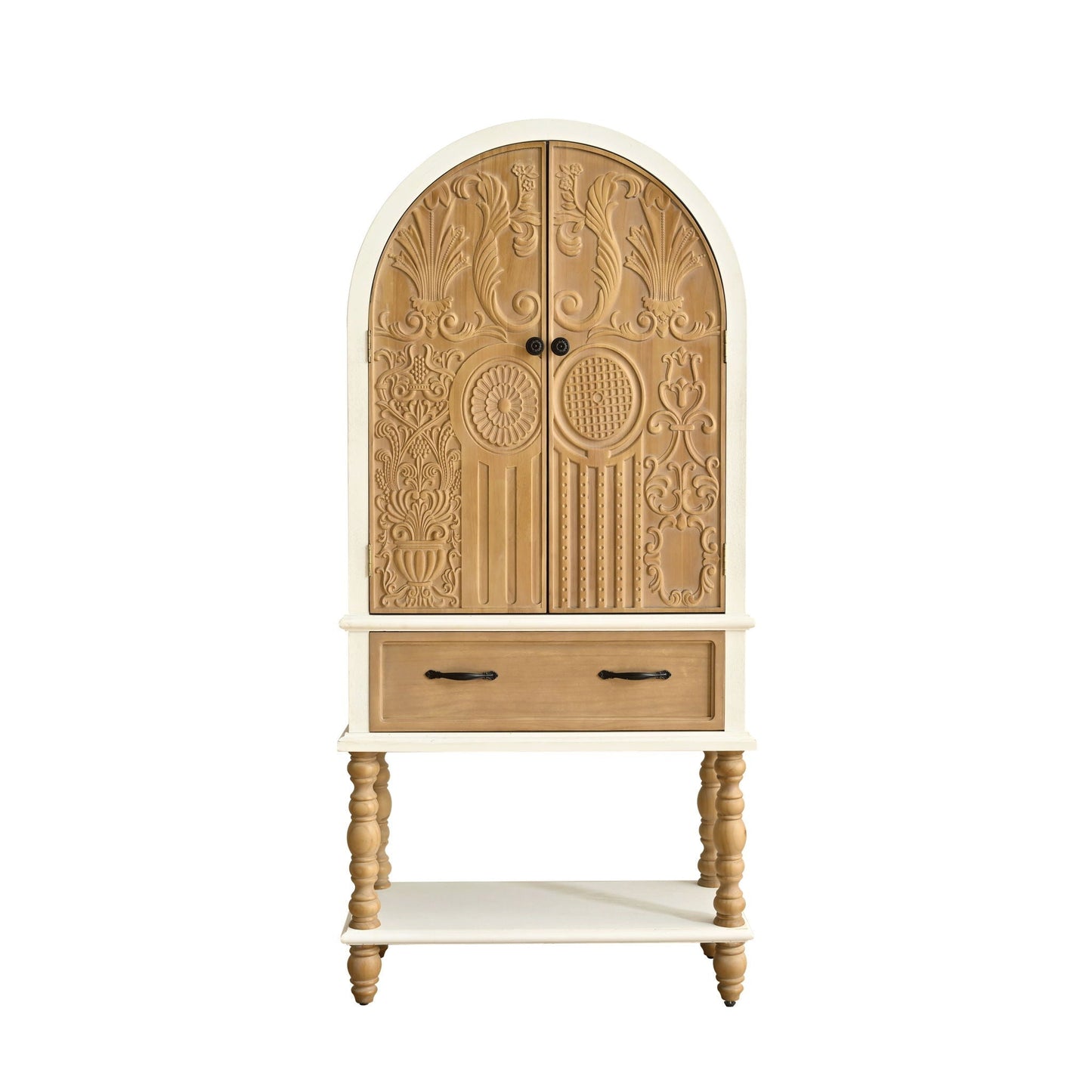 Arched flower-carved cabinet with 2 doors and 1-drawer natural wood on Tampa Home & Garden Store