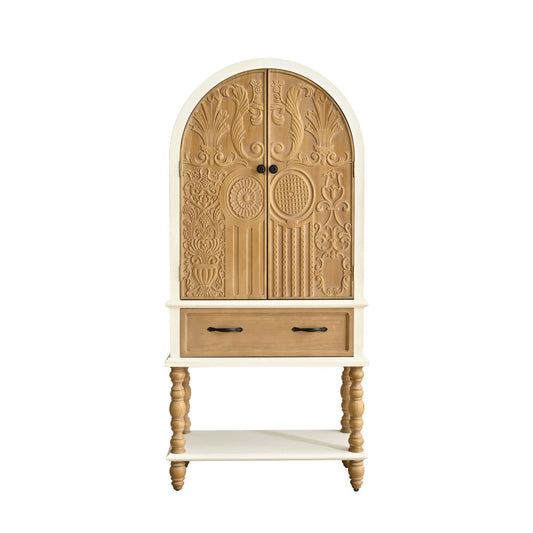 Arched flower-carved cabinet with 2 doors and 1-drawer natural wood on Tampa Home & Garden Store