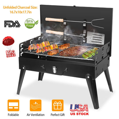 GemGear portable charcoal grill foldable suitcase with wooden-handled skewers and spatula on Tampa Home & Garden Store