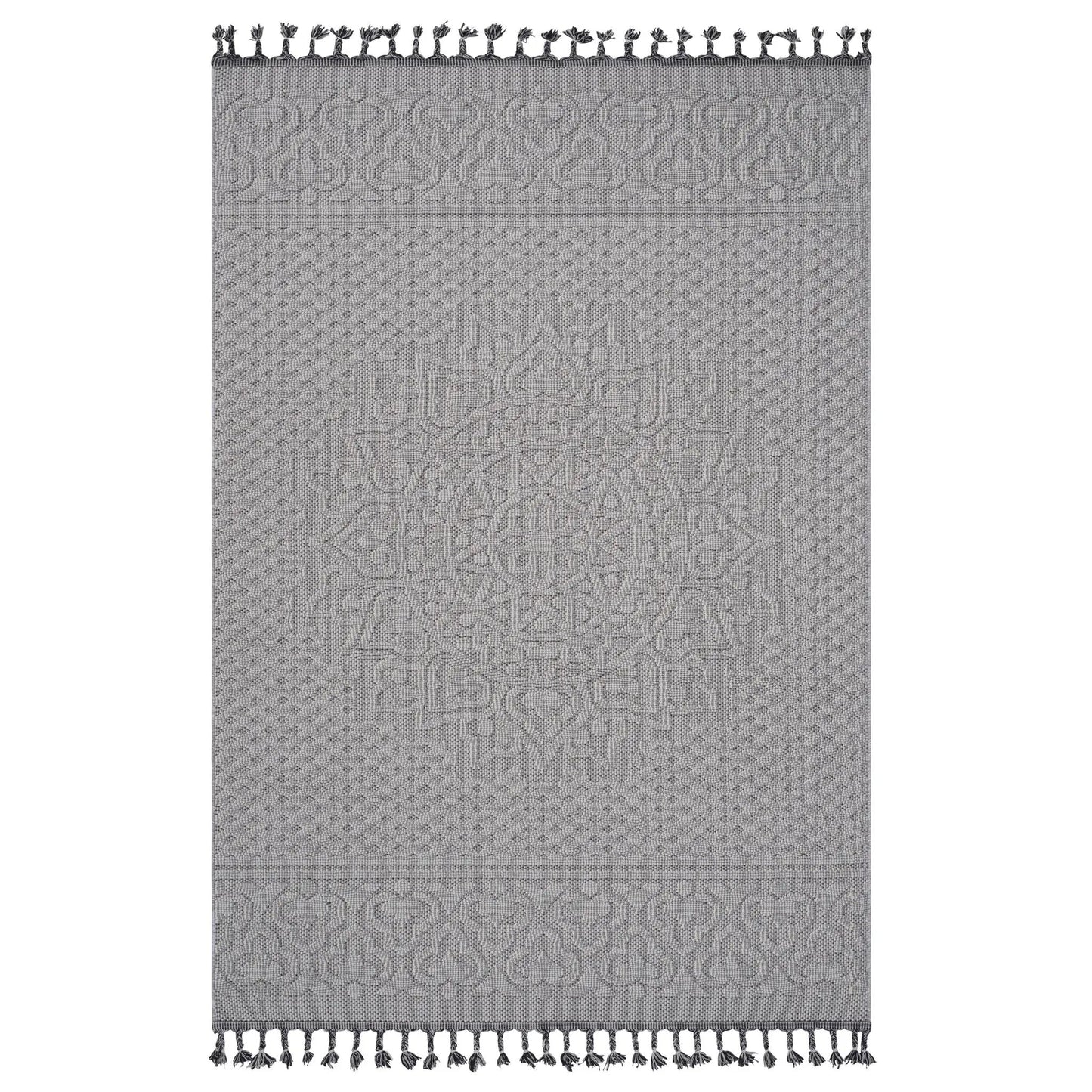 Guros Medallion Indoor/Outdoor Rug, grey with fringe tassels, on Tampa Home & Garden Store