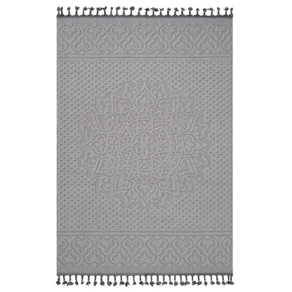 Guros Medallion Indoor/Outdoor Rug, grey with fringe tassels, on Tampa Home & Garden Store