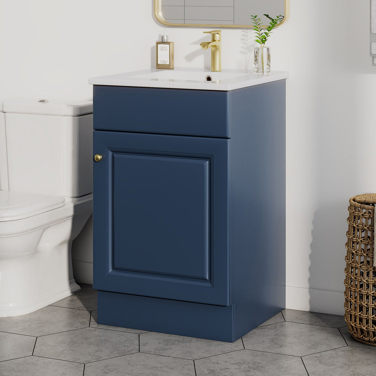 Blue bathroom vanity with white countertop, gold faucet, and adjustable shelf by HouseOfZazla on Tampa Home & Garden Store