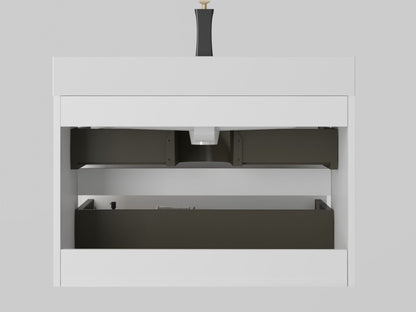 Modern white floating vanity with large storage and dark interior, black/gold faucet on top on Tampa Home & Garden Store