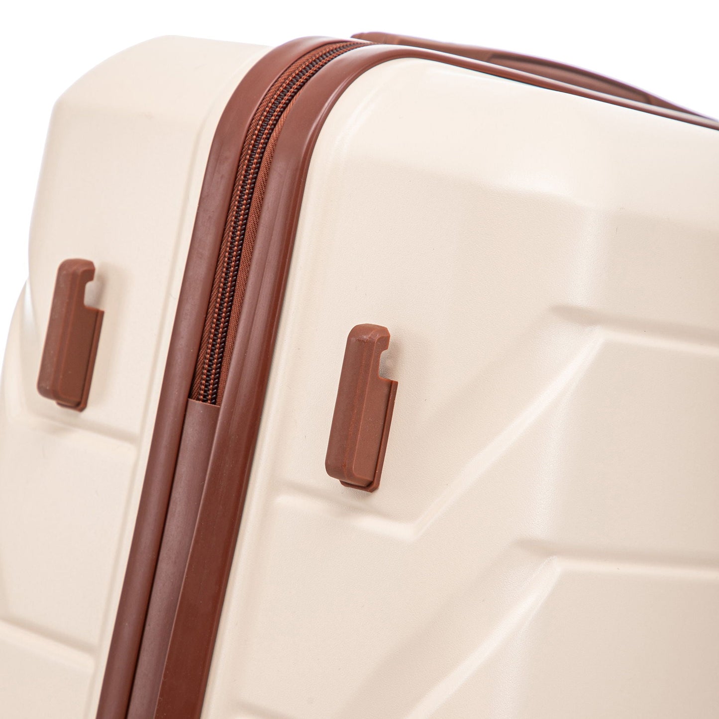 3-piece spinner luggage set beige suitcases with brown zipper trim and handles on Tampa Home & Garden Store