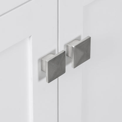 Vanity hardware: modern square chrome pulls on white cabinet doors on Tampa Home & Garden Store