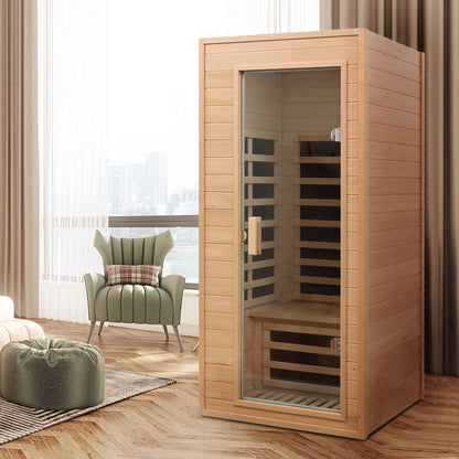 Hemlock infrared sauna cabinet with glass door in light brown wood indoor living space scene on Tampa Home & Garden Store