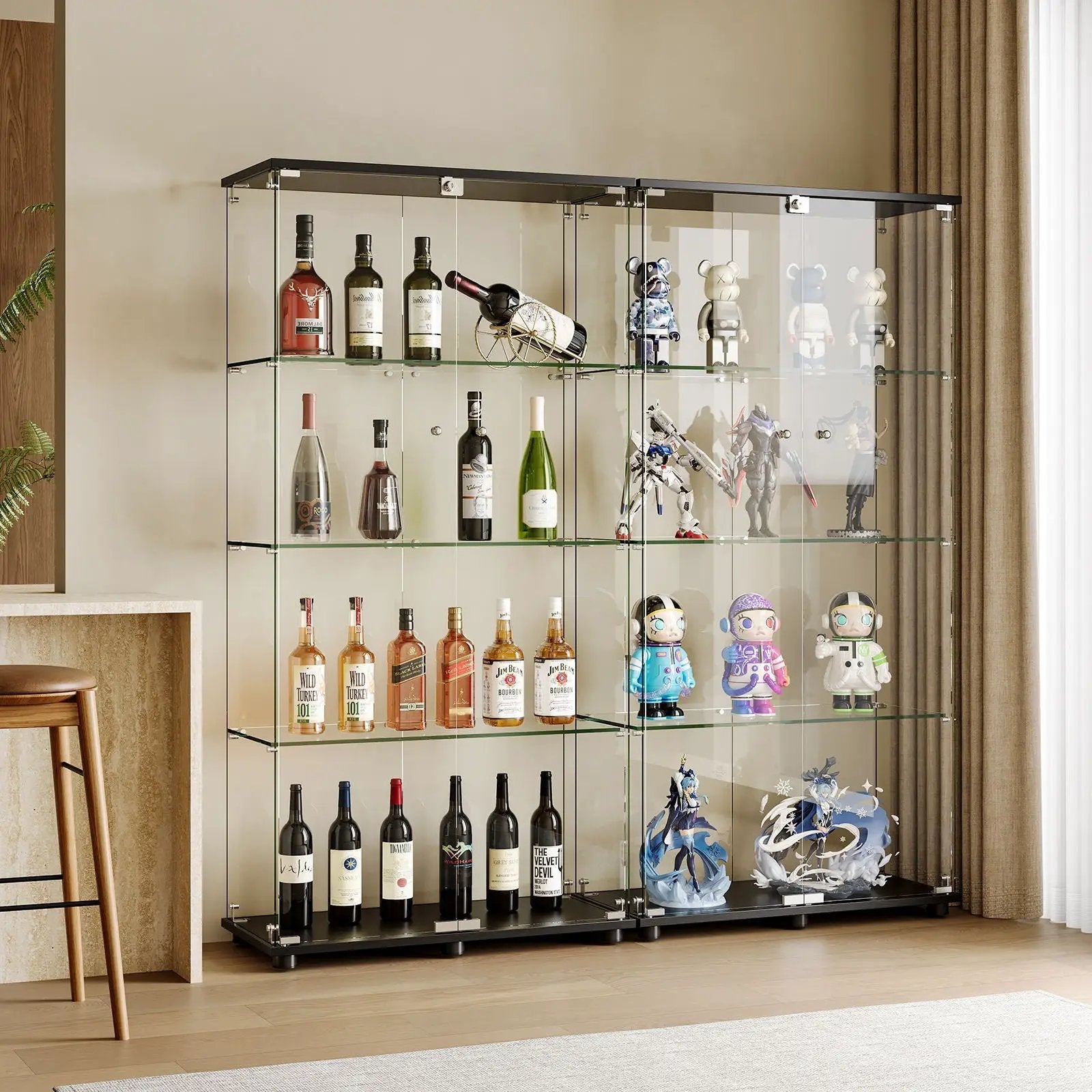 Display cabinet with glass doors and lock, black frame, bottles and figures on Tampa Home & Garden Store