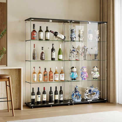 Display cabinet with glass doors and lock, black frame, bottles and figures on Tampa Home & Garden Store