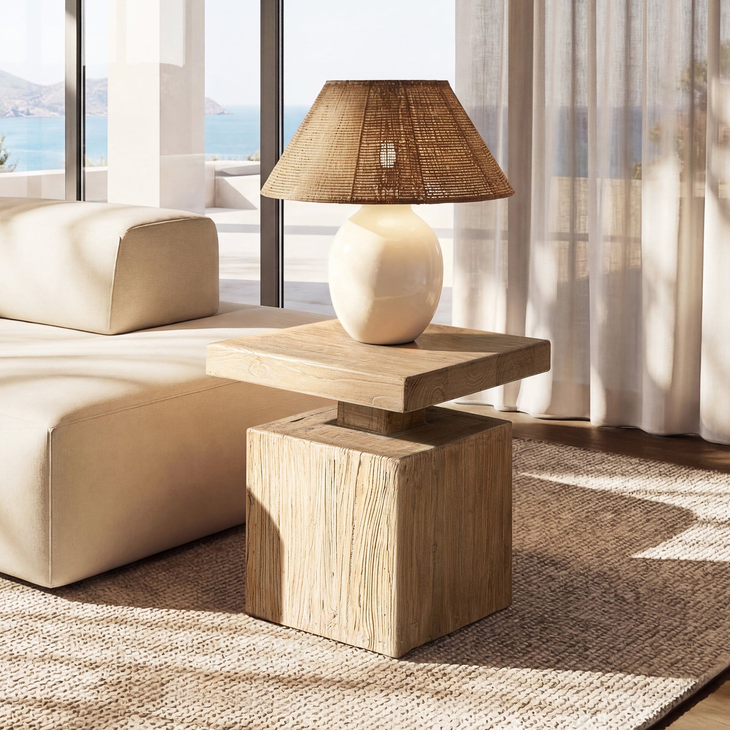 Calder 18in solid square reclaimed elm block plinth end table heritage light natural brown on Tampa Home & Garden Store