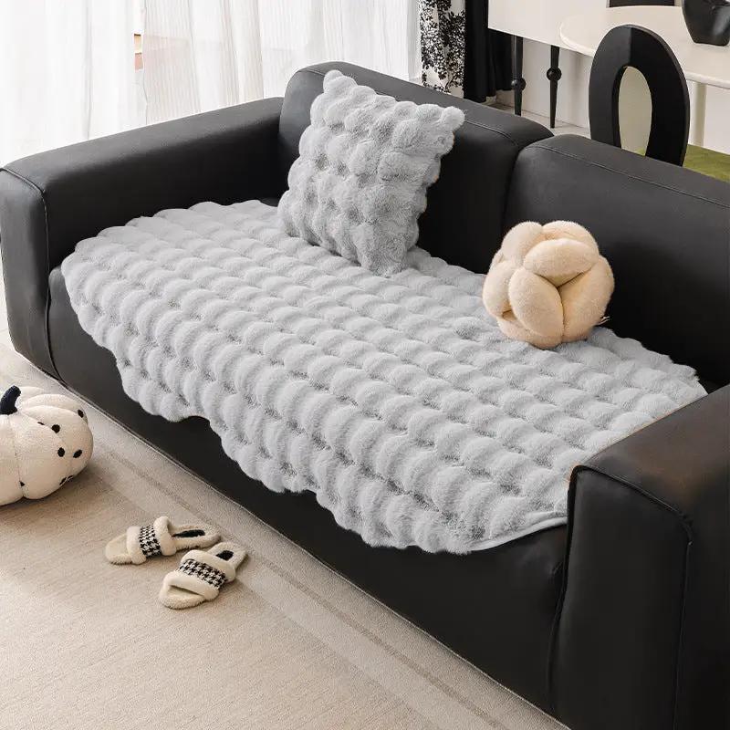Autumn And Winter Thickening Irregular Sofa Cushion with gray plush pillow on black sofa on Tampa Home & Garden Store