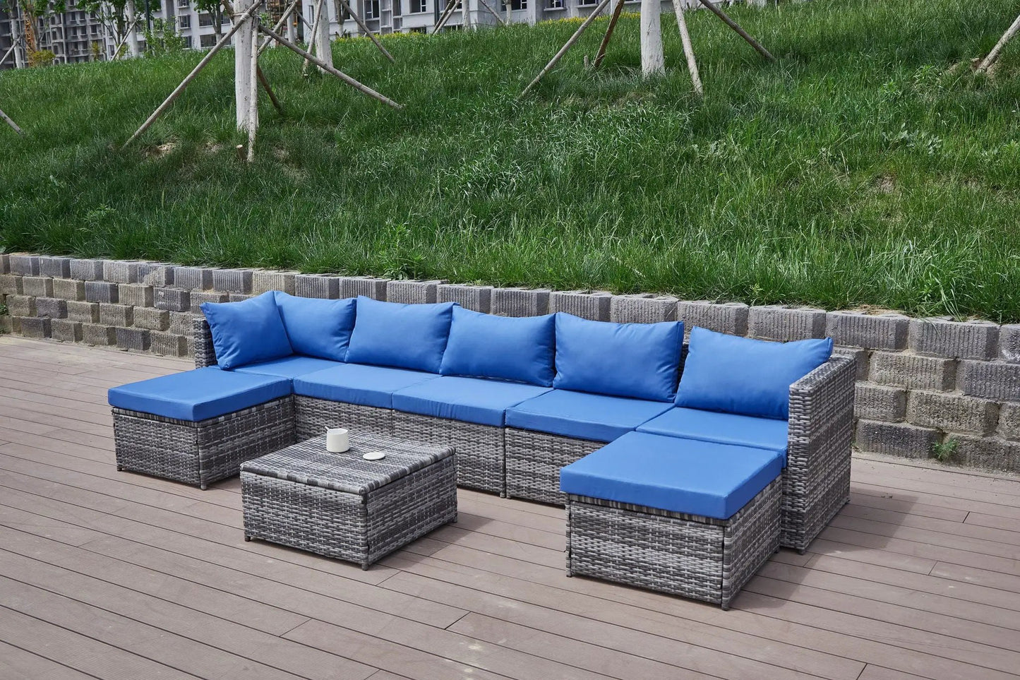 Patio sofa with blue cushions, 2-piece outdoor wicker set by Unique Piece Furniture on deck on Tampa Home & Garden Store