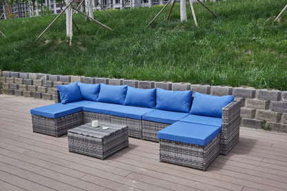 Patio sofa with blue cushions, 2-piece outdoor wicker set by Unique Piece Furniture on deck on Tampa Home & Garden Store
