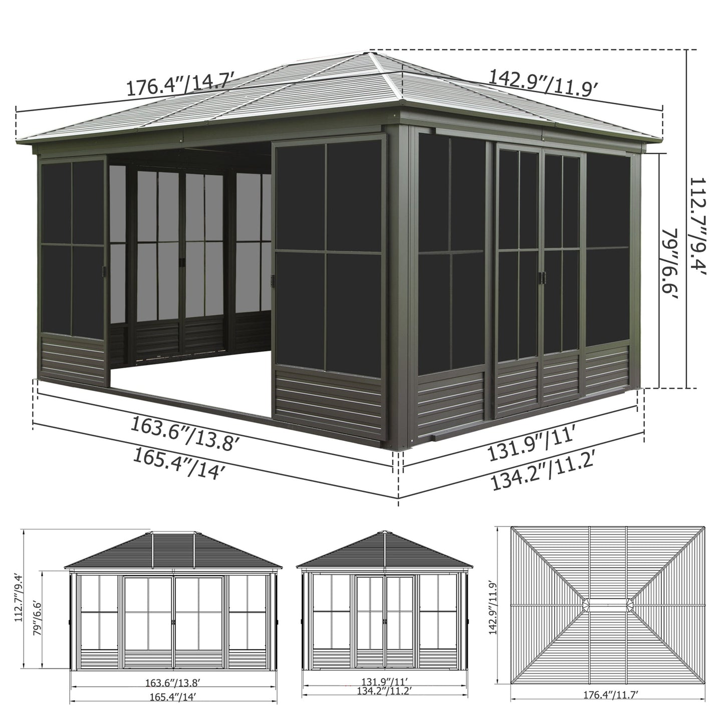 12x14FT Outdoor Sunroom Gazebo by HouseOfZazla, gray aluminum frame with screened walls on Tampa Home & Garden Store