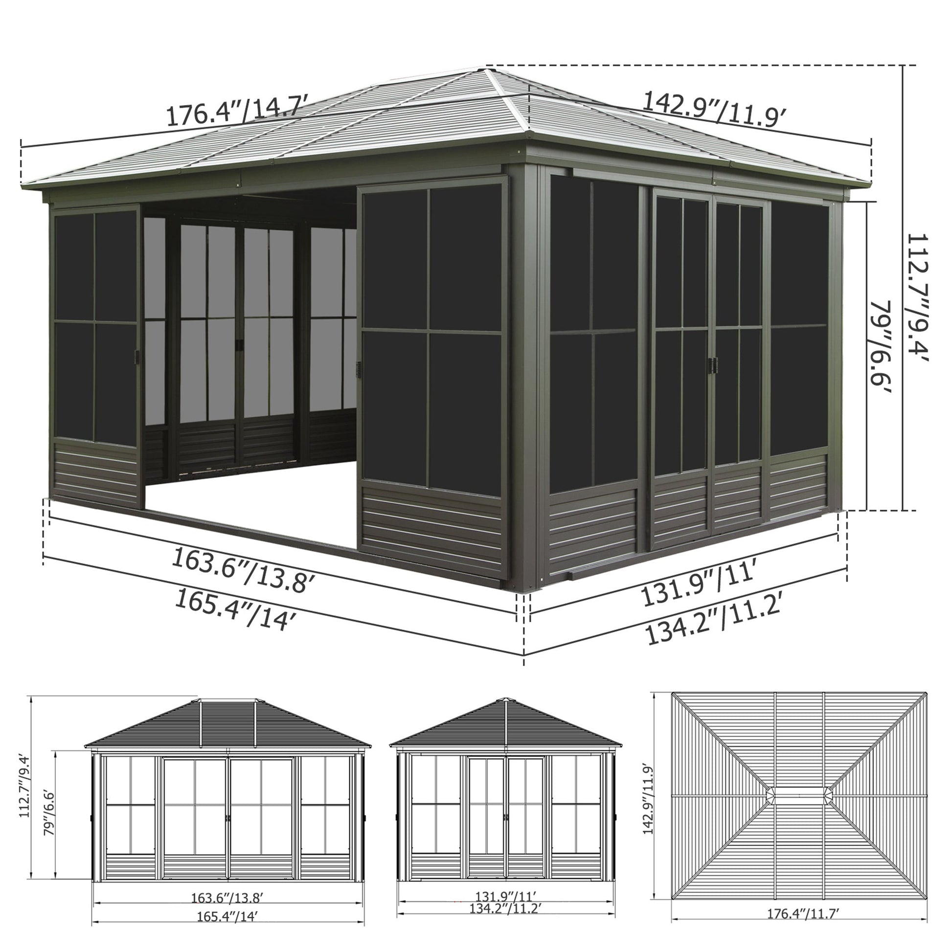12x14FT Outdoor Sunroom Gazebo by HouseOfZazla, gray aluminum frame with screened walls on Tampa Home & Garden Store