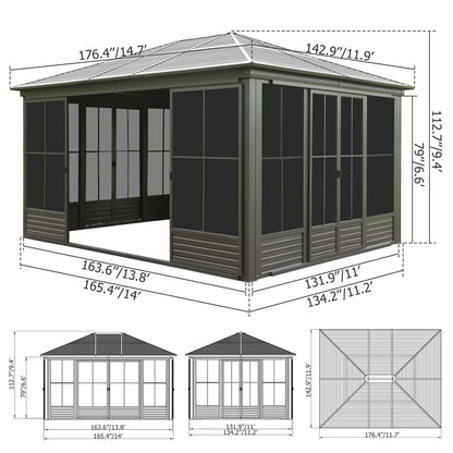 12x14FT Outdoor Sunroom Gazebo by HouseOfZazla, gray aluminum frame with screened walls on Tampa Home & Garden Store