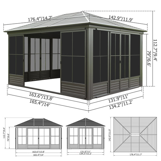 12x14FT Outdoor Sunroom Gazebo by HouseOfZazla, gray aluminum frame with screened walls on Tampa Home & Garden Store