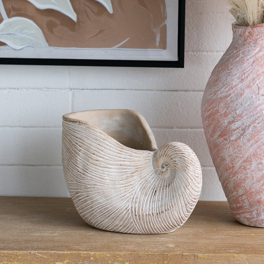 Nautilus shell planter, beige textured sand-cement finish, HouseOfZazla decor on Tampa Home & Garden Store