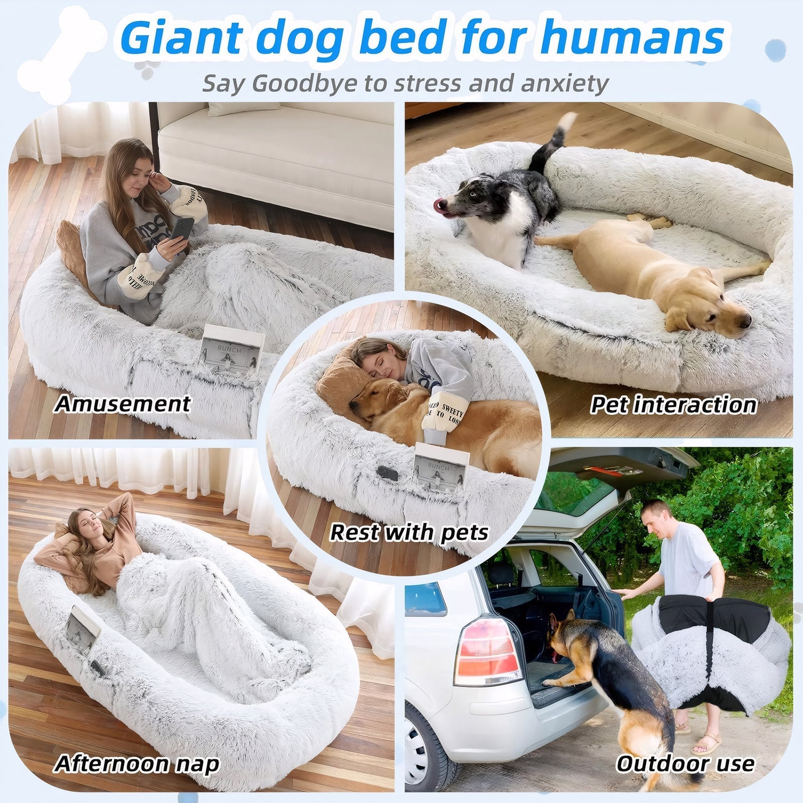 Human Dog Bed by HouseOfZazla, large plush washable faux fur, orthopedic support on Tampa Home & Garden Store