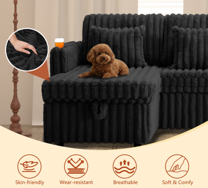 HouseOfZazla U-Shaped Plush Corduroy Sectional Sleeper Sofa in black with a dog on seat on Tampa Home & Garden Store