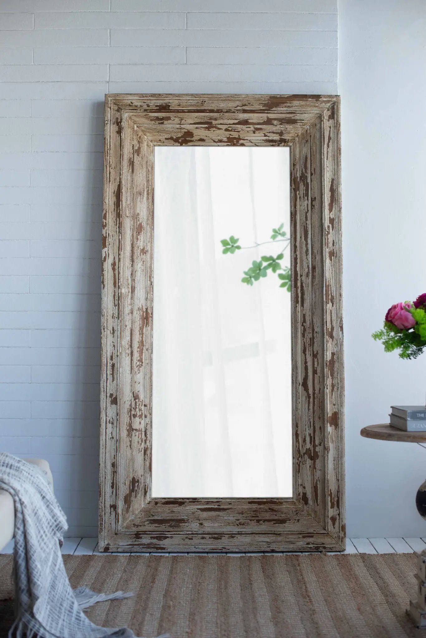 Full Length Rectangle Floor Mirror with distressed brown wood frame Unique Piece Furniture on Tampa Home & Garden Store