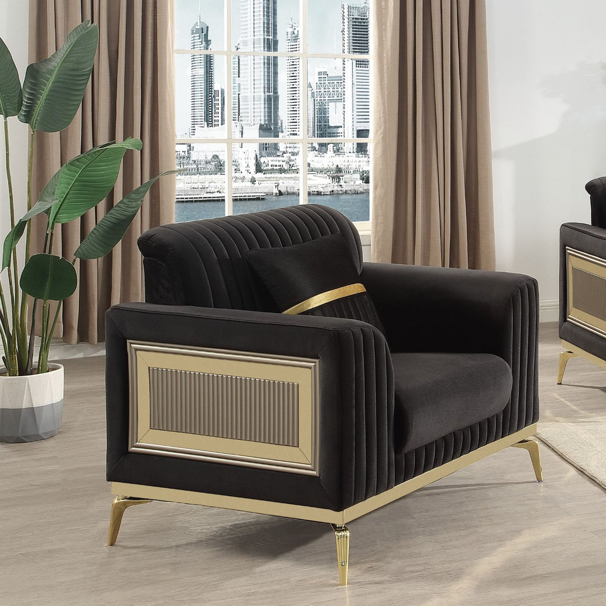 Antigua Upholstered Arm Chairs black velvet with gold metal frame and ribbed back on Tampa Home & Garden Store