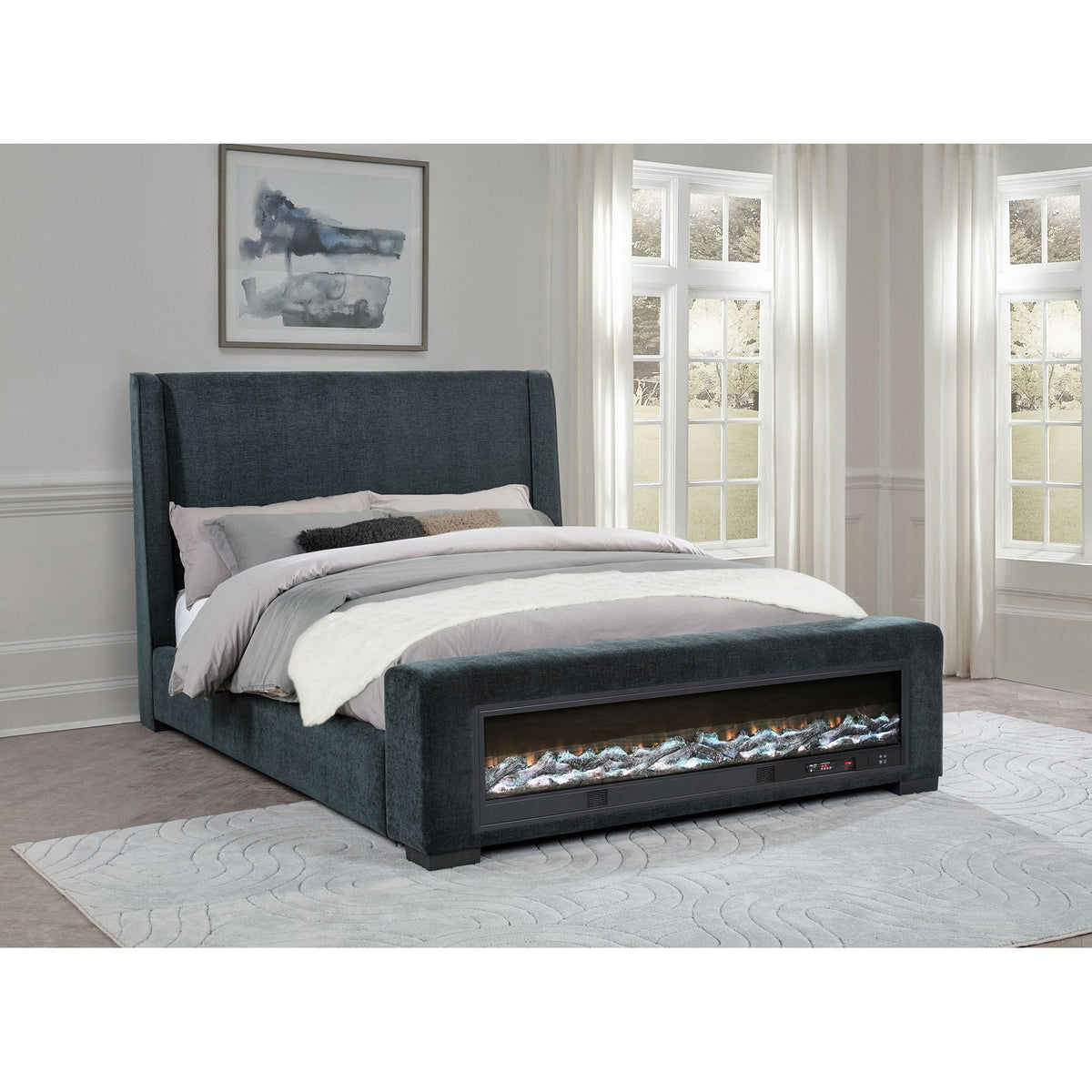 Modern Bed with Visual Flames and Bluetooth Audio