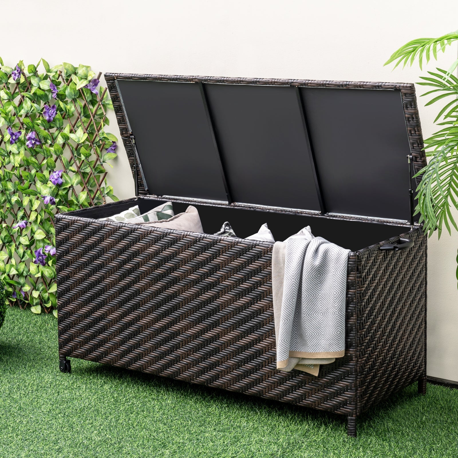 85 Gallon Outdoor Storage Box with Removable Liner and Universal Wheels-Brown - Tampa Home & Garden Store